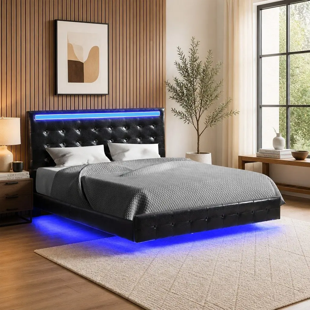 Floating Bed Frame Double with LED Light Strips Headboard Platform Bedroom