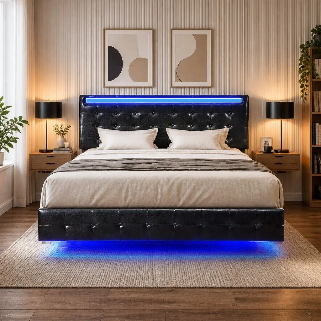 Floating Bed Frame Double with LED Light Strips Headboard Platform Bedroom