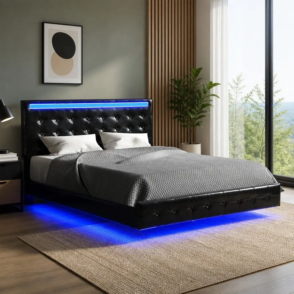 Floating Bed Frame Queen with Headboard LED Light Strips Platform Bedroom