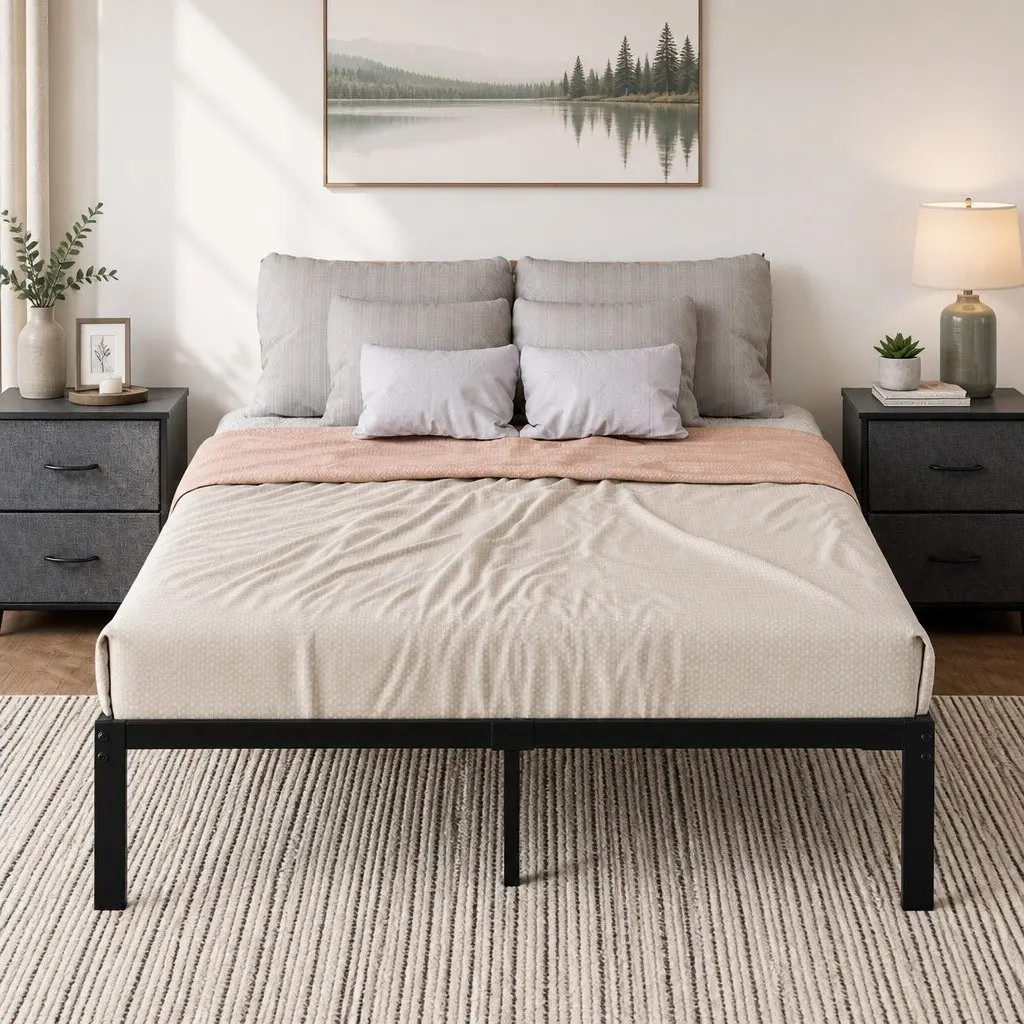 Metal Bed Frame Heavy Duty Full Size Elevated Platform with Storage Space