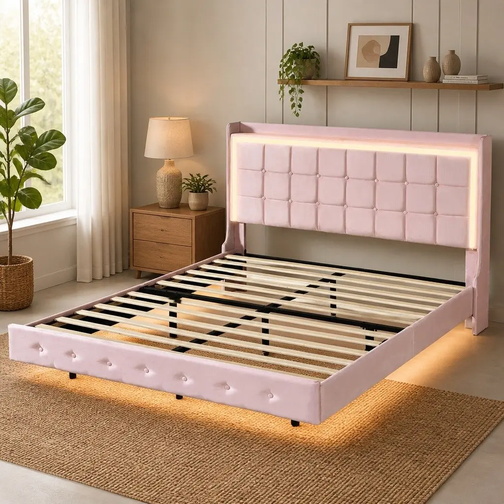 Double Floating Bed Frame Velvet Fabric with LED Light Strips USB Ports 205cm x 142cm x 113cm