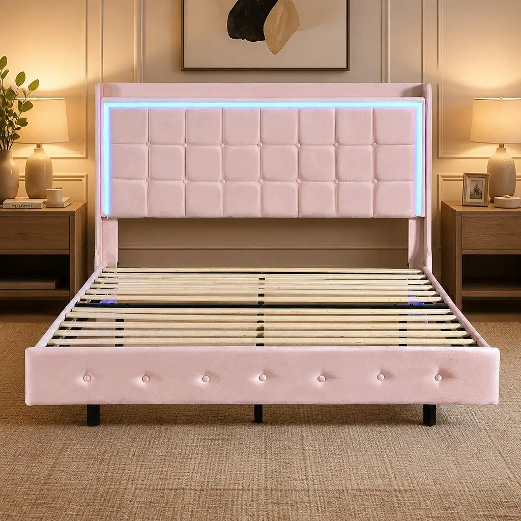 Double Floating Bed Frame Velvet Fabric with LED Light Strips USB Ports 205cm x 142cm x 113cm