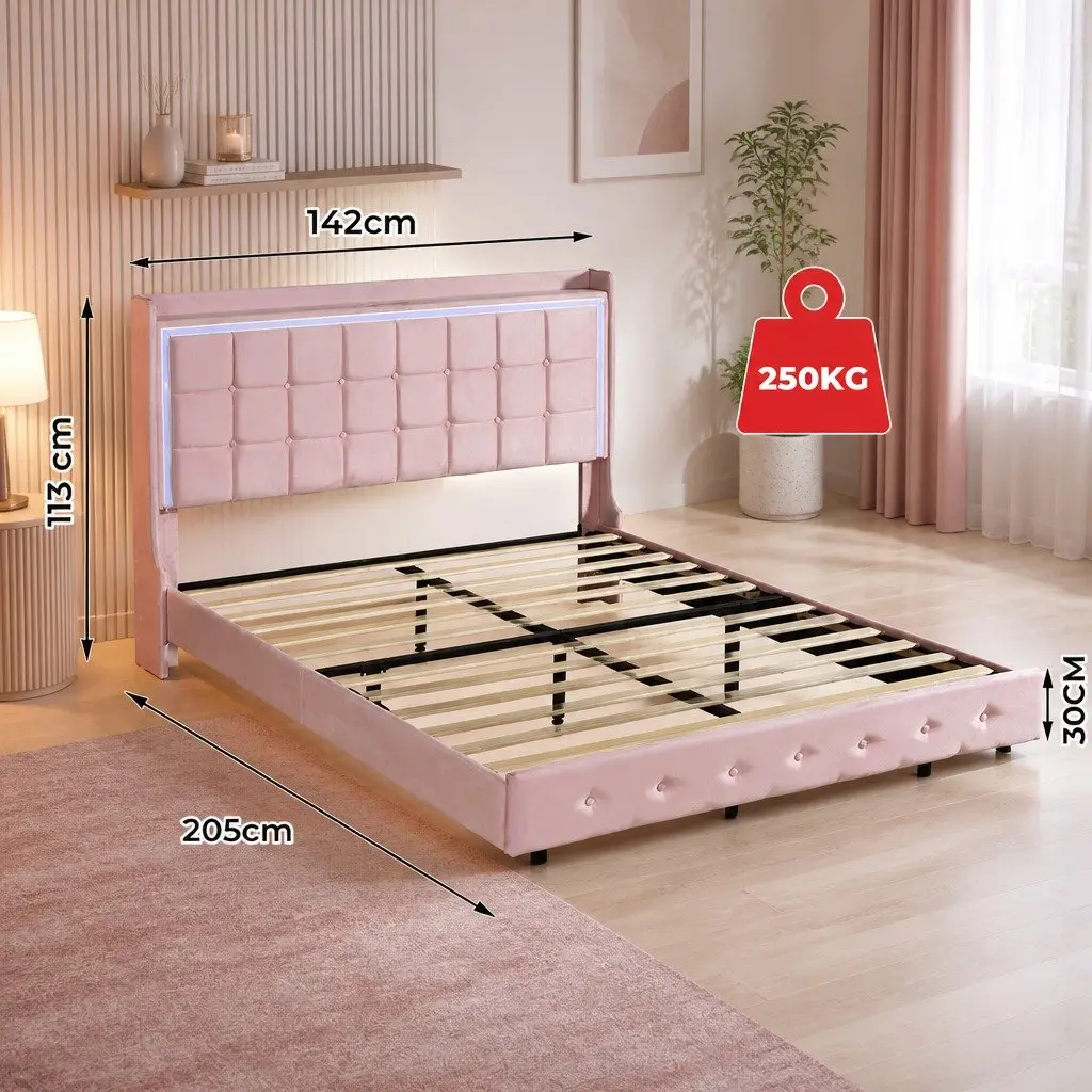 Double Floating Bed Frame Velvet Fabric with LED Light Strips USB Ports 205cm x 142cm x 113cm