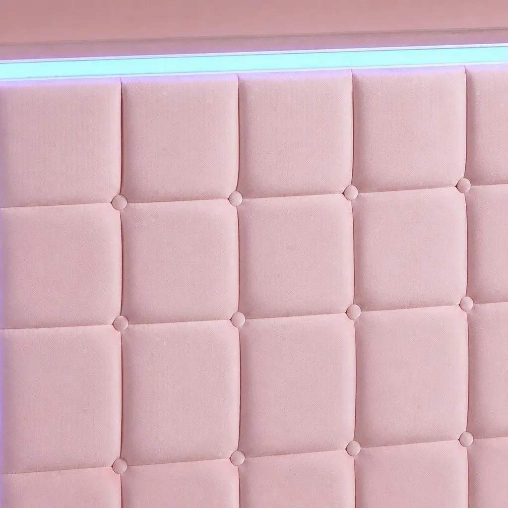 Double Floating Bed Frame Velvet Fabric with LED Light Strips USB Ports 205cm x 142cm x 113cm
