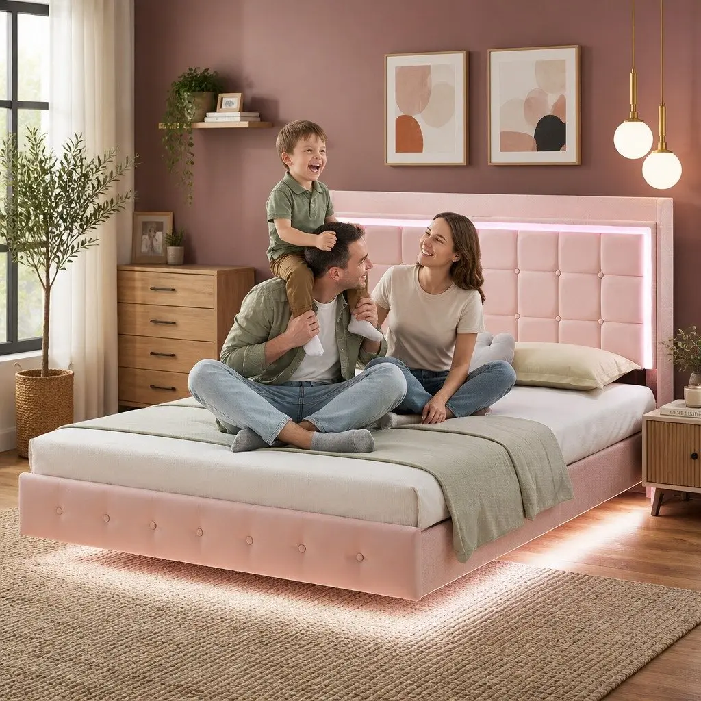 Double Floating Bed Frame Velvet Fabric with LED Light Strips USB Ports 205cm x 142cm x 113cm