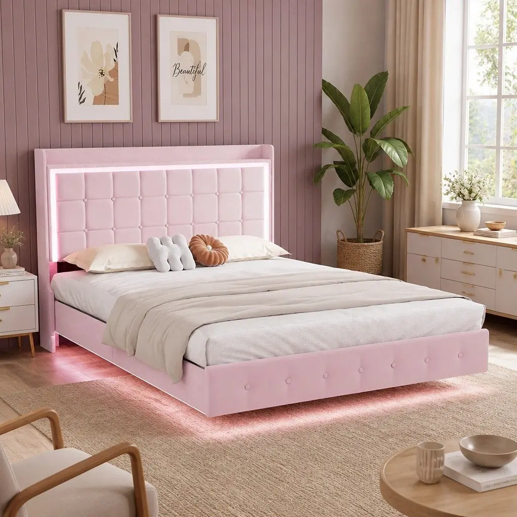 Double Floating Bed Frame Velvet Fabric with LED Light Strips USB Ports 205cm x 142cm x 113cm