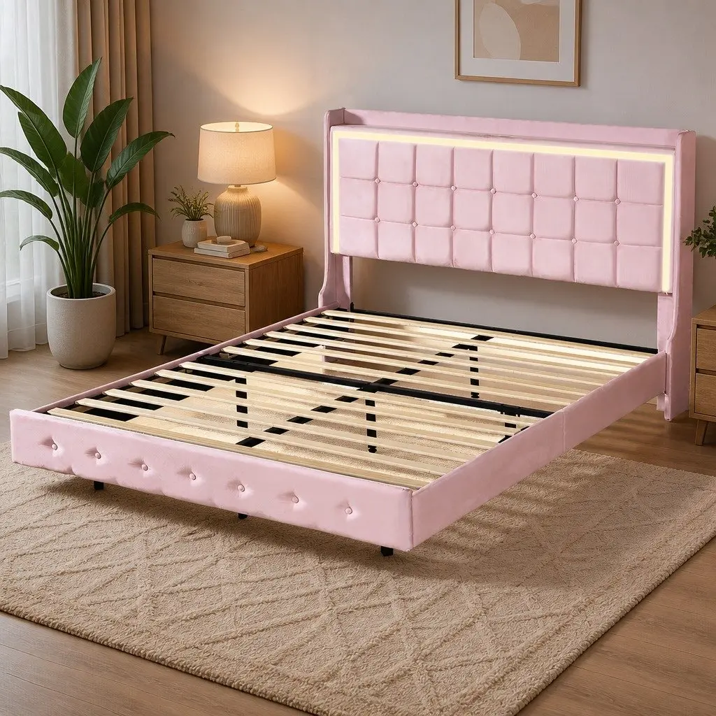 Double Floating Bed Frame Velvet Fabric with LED Light Strips USB Ports 205cm x 142cm x 113cm