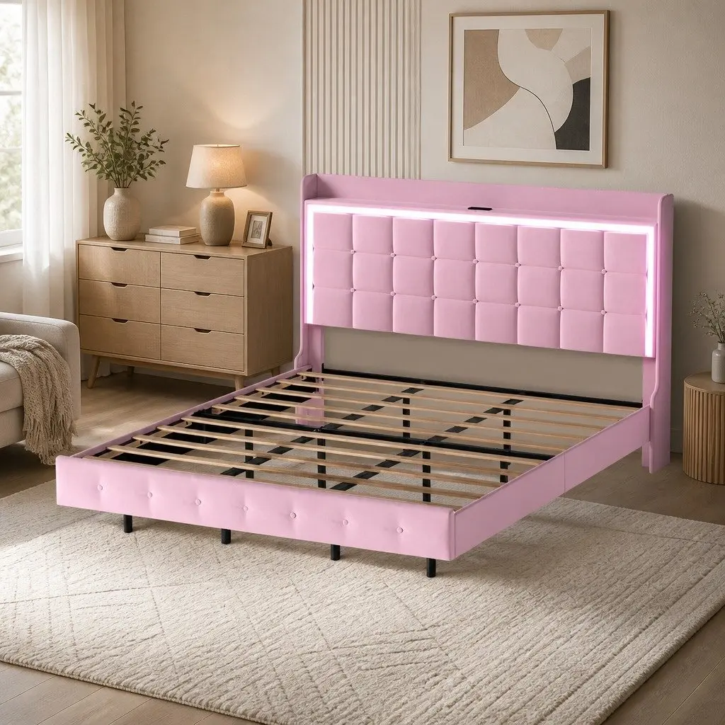 King Floating Bed Frame LED Headboard USB Charging Pink Modern Design