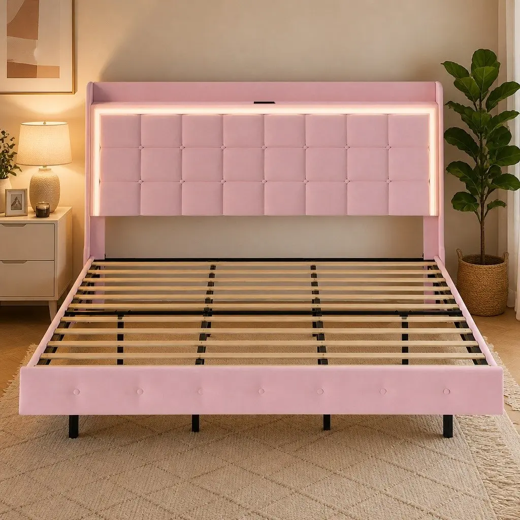 King Floating Bed Frame LED Headboard USB Charging Pink Modern Design
