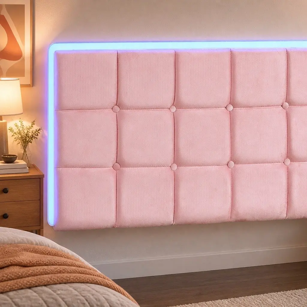 King Floating Bed Frame LED Headboard USB Charging Pink Modern Design
