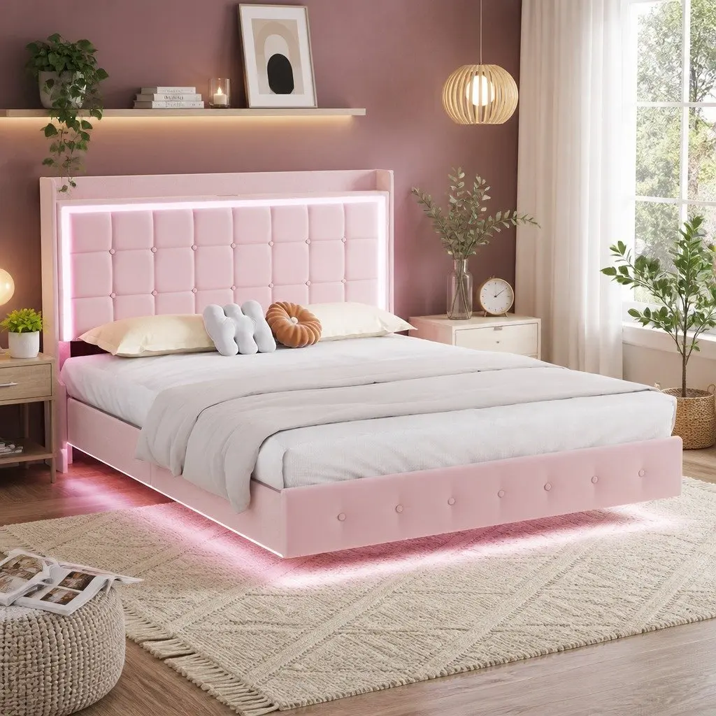 King Floating Bed Frame LED Headboard USB Charging Pink Modern Design