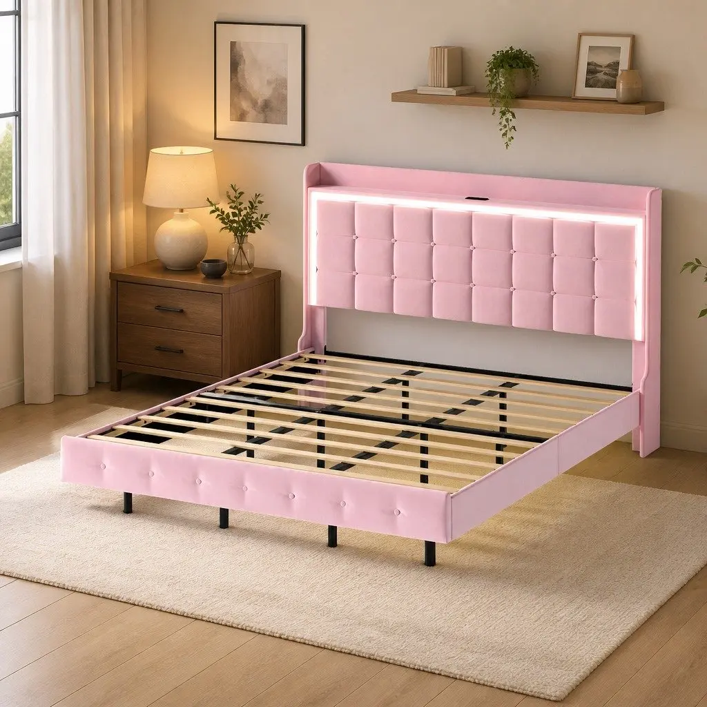 King Floating Bed Frame LED Headboard USB Charging Pink Modern Design