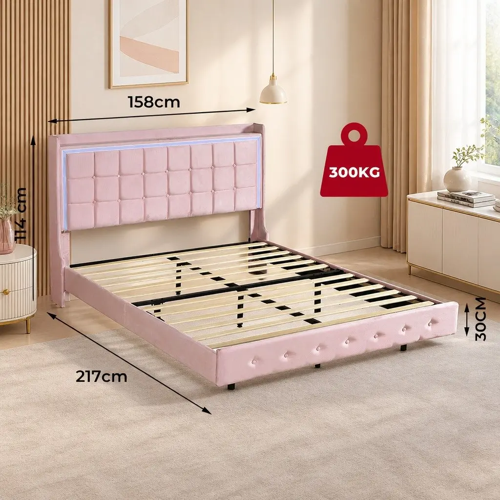 Queen Floating Bed Frame LED Light USB Ports Velvet Modern Bedroom Furniture