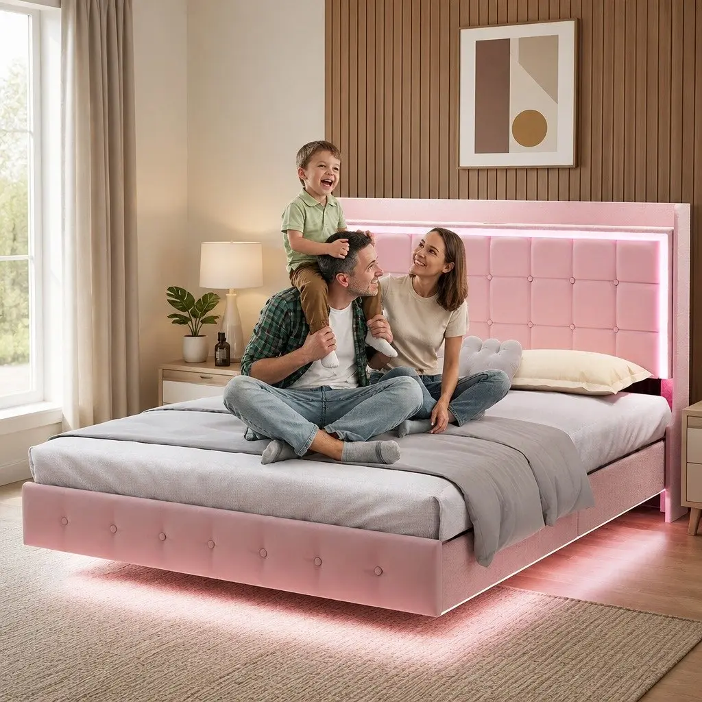 Queen Floating Bed Frame LED Light USB Ports Velvet Modern Bedroom Furniture