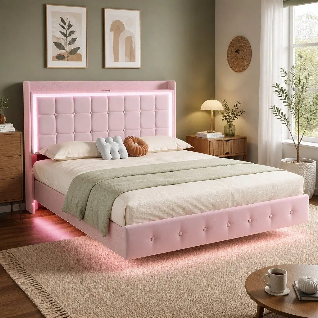 Queen Floating Bed Frame LED Light USB Ports Velvet Modern Bedroom Furniture