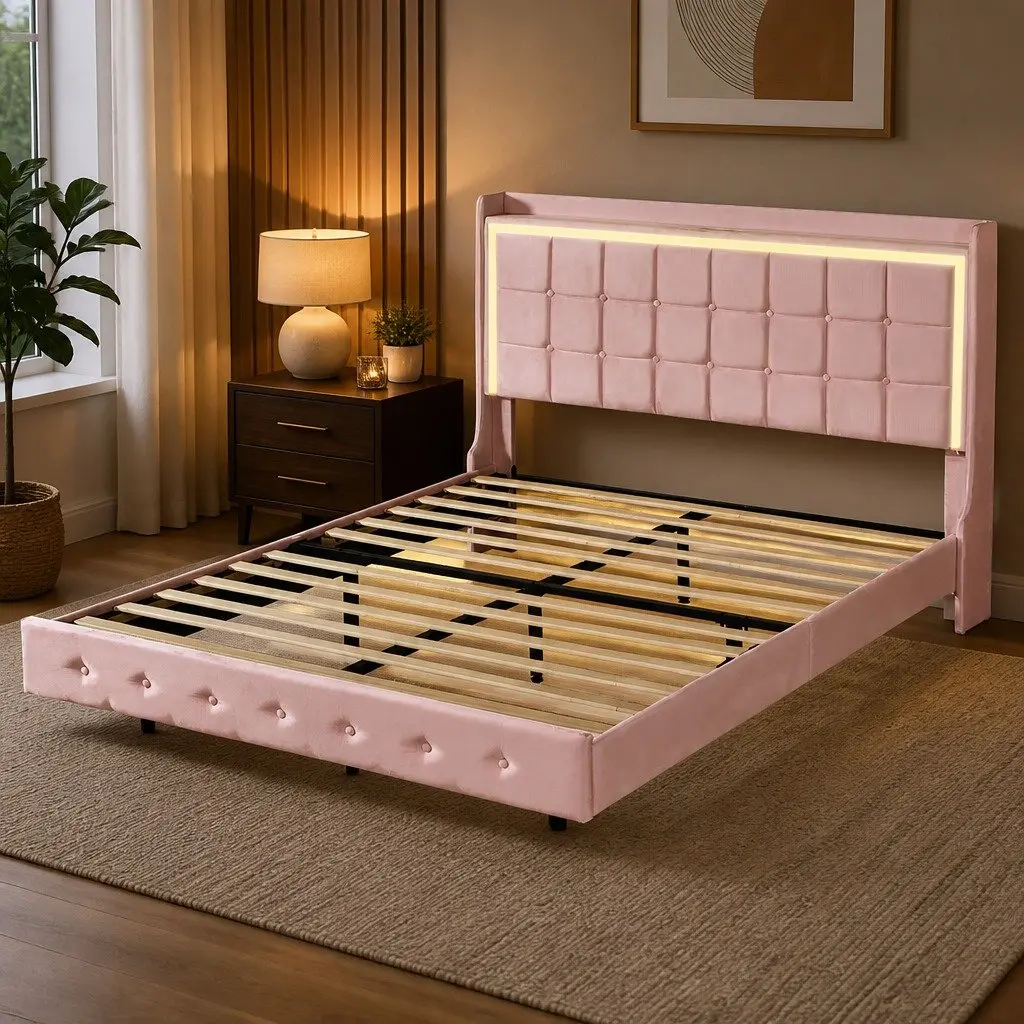 Queen Floating Bed Frame LED Light USB Ports Velvet Modern Bedroom Furniture