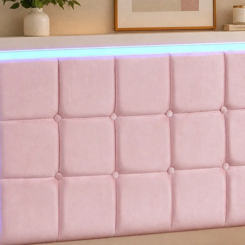 Single Floating Bed Frame LED Headboard USB Charging Pink Modern Bedroom