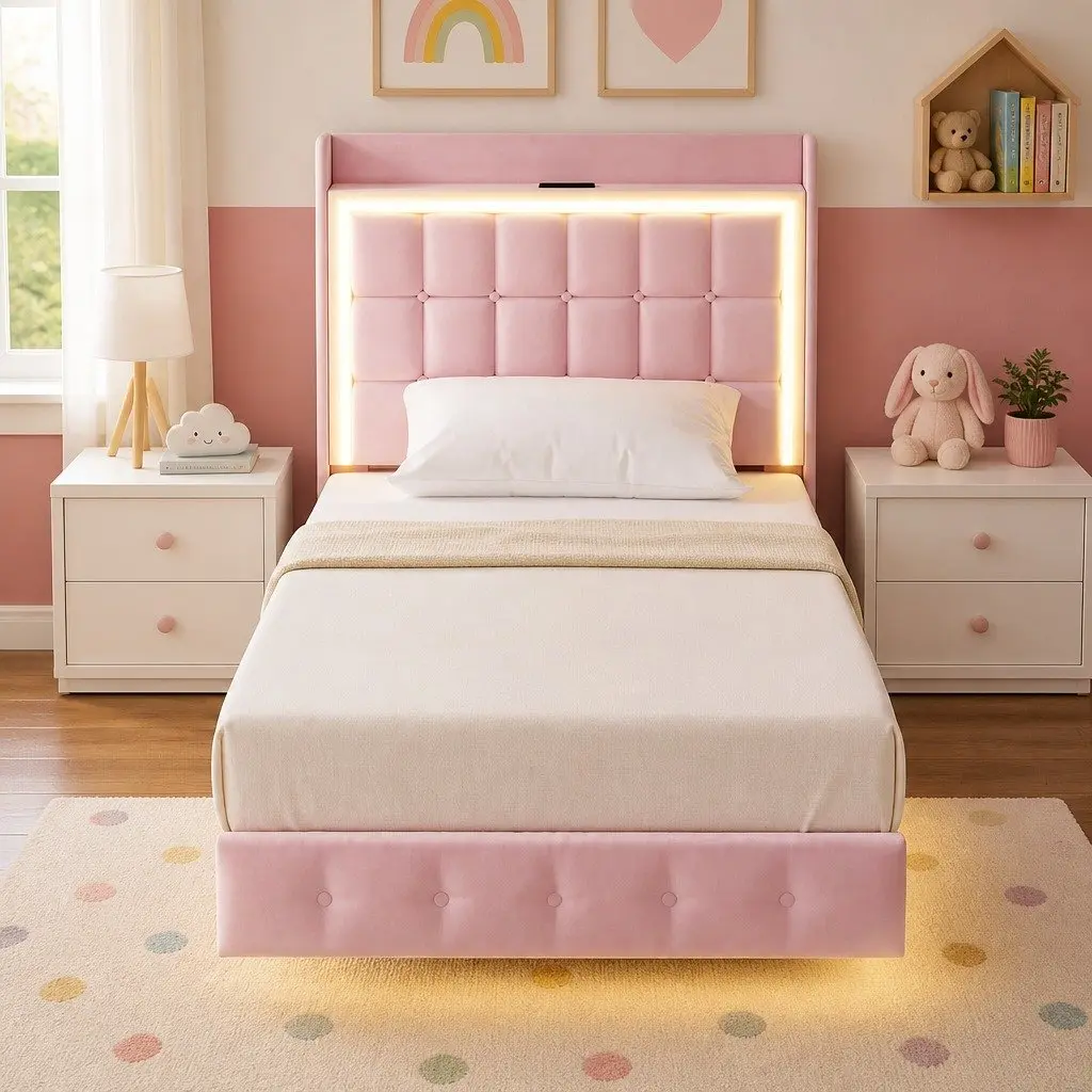 Single Floating Bed Frame LED Headboard USB Charging Pink Modern Bedroom