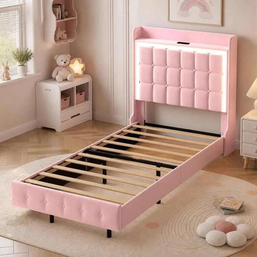 Single Floating Bed Frame LED Headboard USB Charging Pink Modern Bedroom