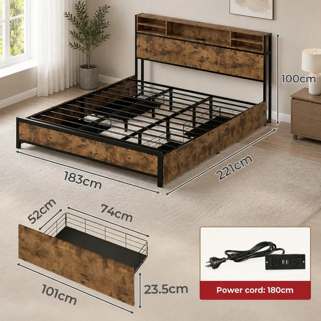 King Bed Frame with Storage Drawers RGB LED Headboard Charging Station