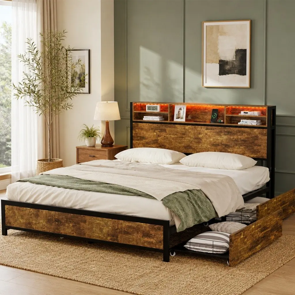 King Bed Frame with Storage Drawers RGB LED Headboard Charging Station