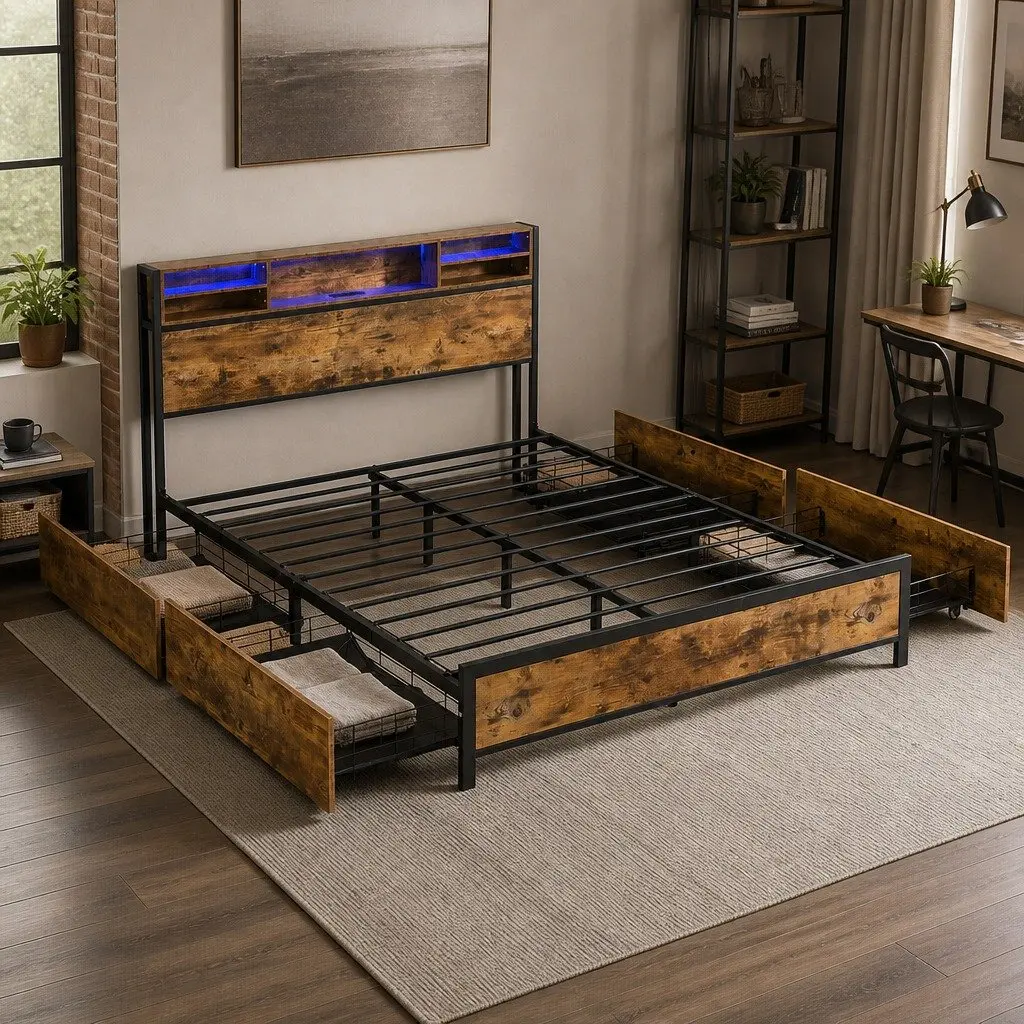 Queen Bed Frame with LED Light Storage Drawers Headboard Charging Station