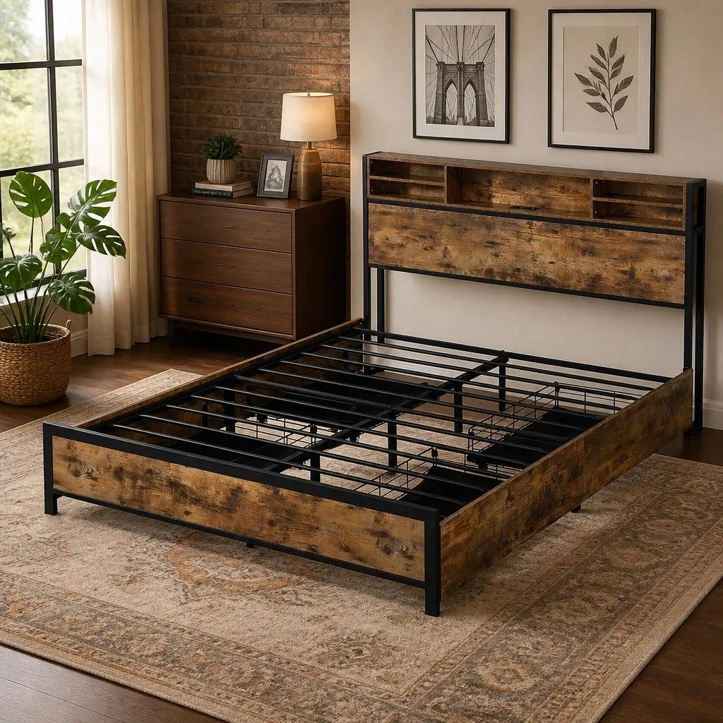 Queen Bed Frame with LED Light Storage Drawers Headboard Charging Station