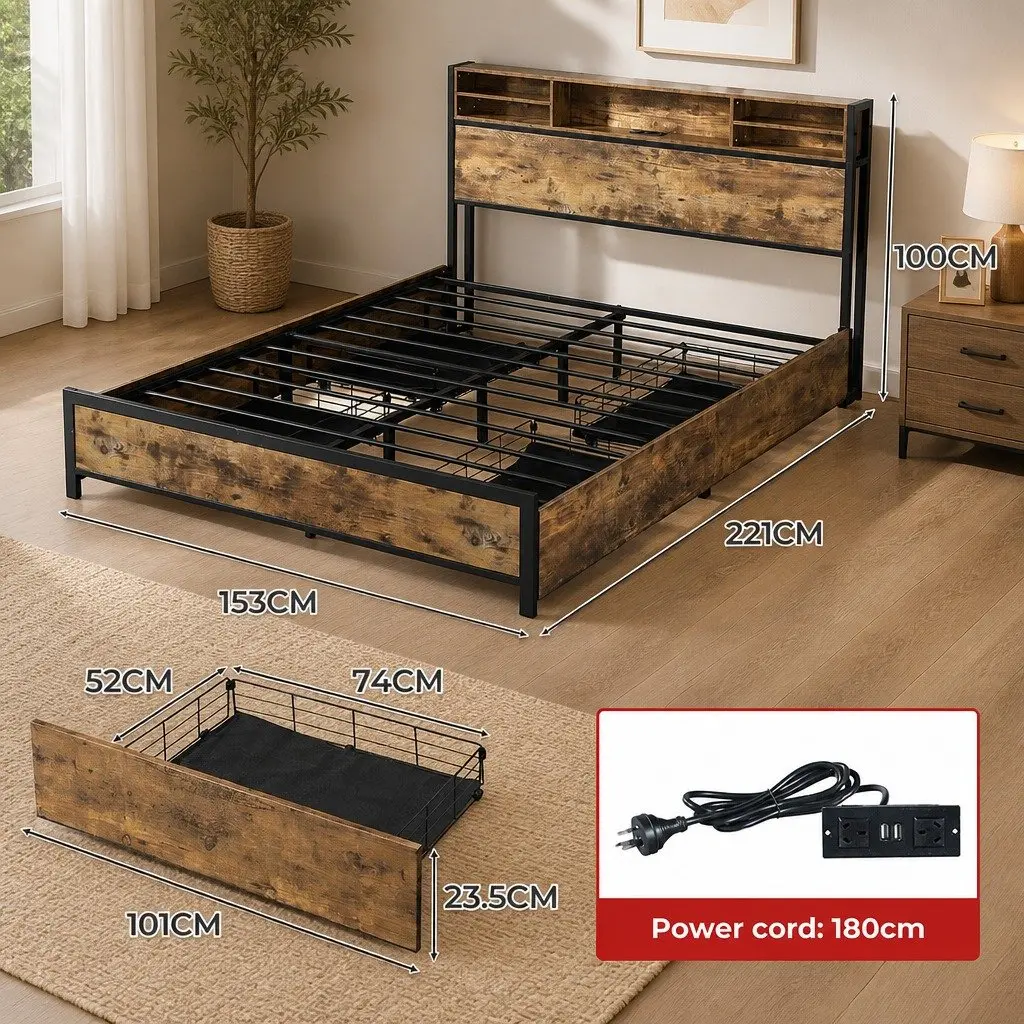 Queen Bed Frame with LED Light Storage Drawers Headboard Charging Station