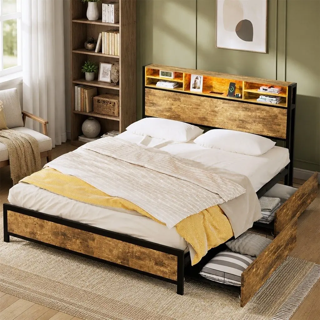 Queen Bed Frame with LED Light Storage Drawers Headboard Charging Station