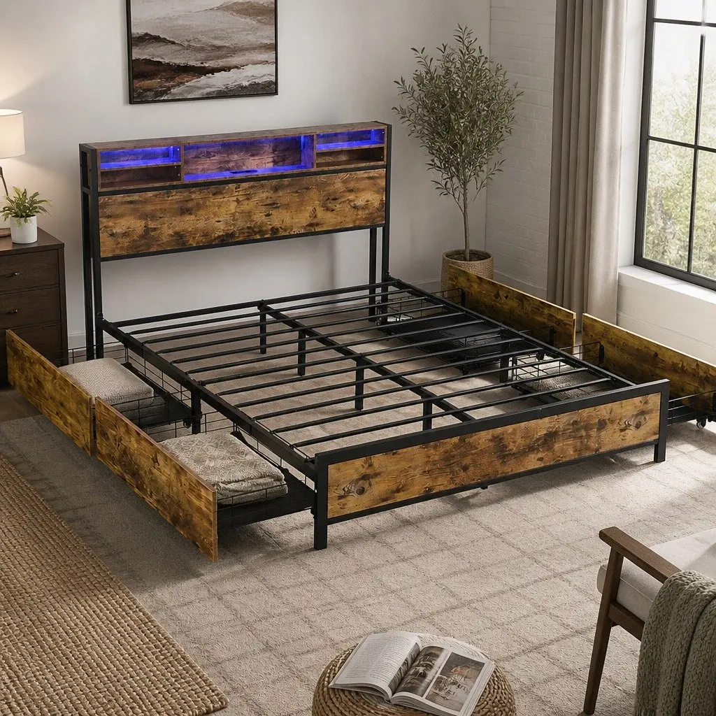 Queen Bed Frame with LED Light Storage Drawers Headboard Charging Station