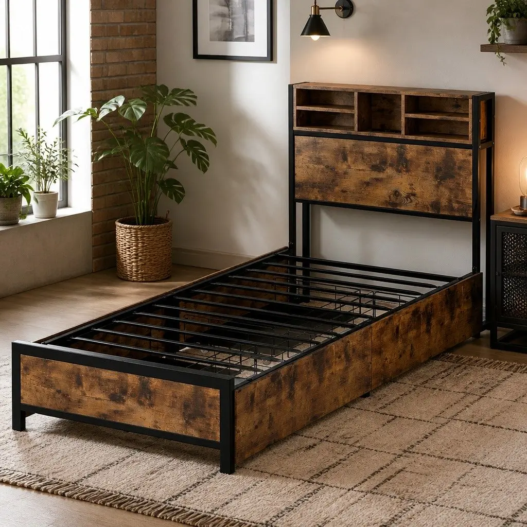 Single Bed Frame with LED Headboard Charging Station and Storage Drawers Brown