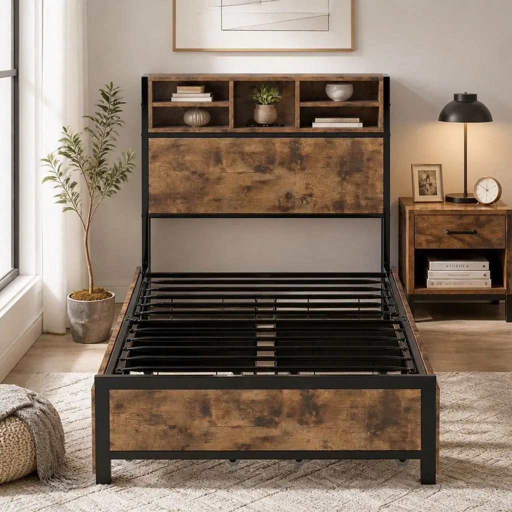 Single Bed Frame with LED Headboard Charging Station and Storage Drawers Brown