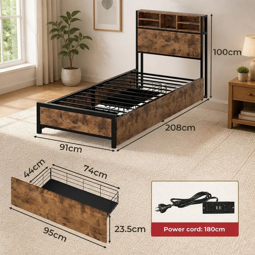 Single Bed Frame with LED Headboard Charging Station and Storage Drawers Brown