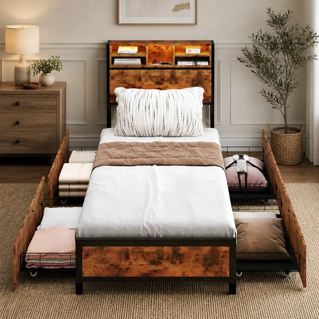 Single Bed Frame with LED Headboard Charging Station and Storage Drawers Brown