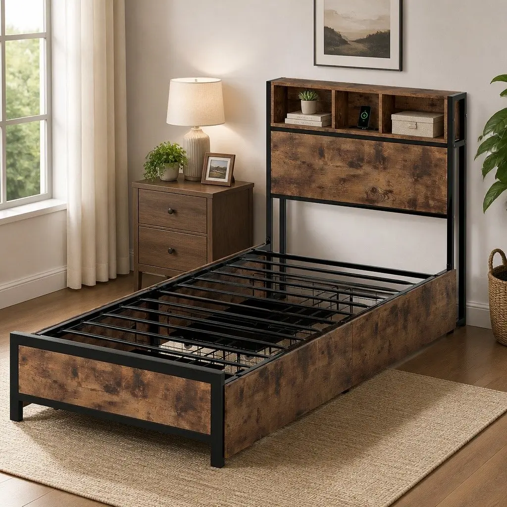 Single Bed Frame with LED Headboard Charging Station and Storage Drawers Brown