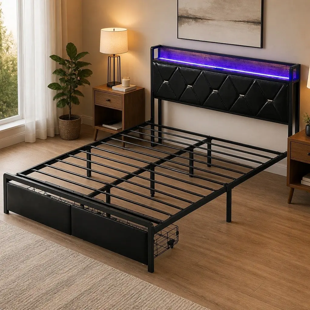 Double Bed Frame with LED Lights USB Charging Headboard and Storage Drawers 210cm x 139.5cm x 105.5cm Black Metal