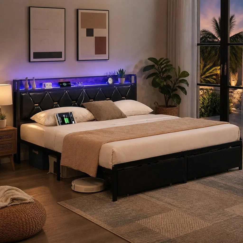 Double Bed Frame with LED Lights USB Charging Headboard and Storage Drawers 210cm x 139.5cm x 105.5cm Black Metal