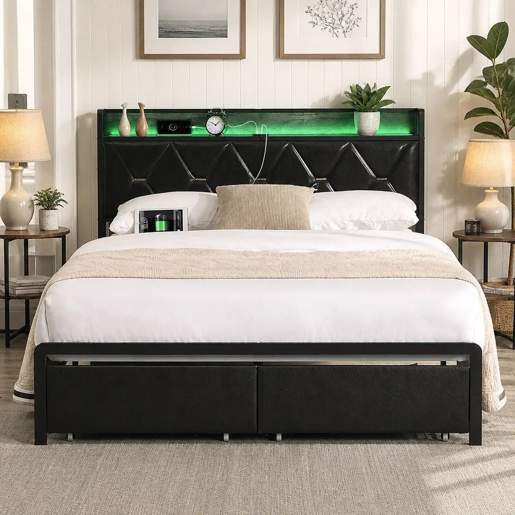Double Bed Frame with LED Lights USB Charging Headboard and Storage Drawers 210cm x 139.5cm x 105.5cm Black Metal