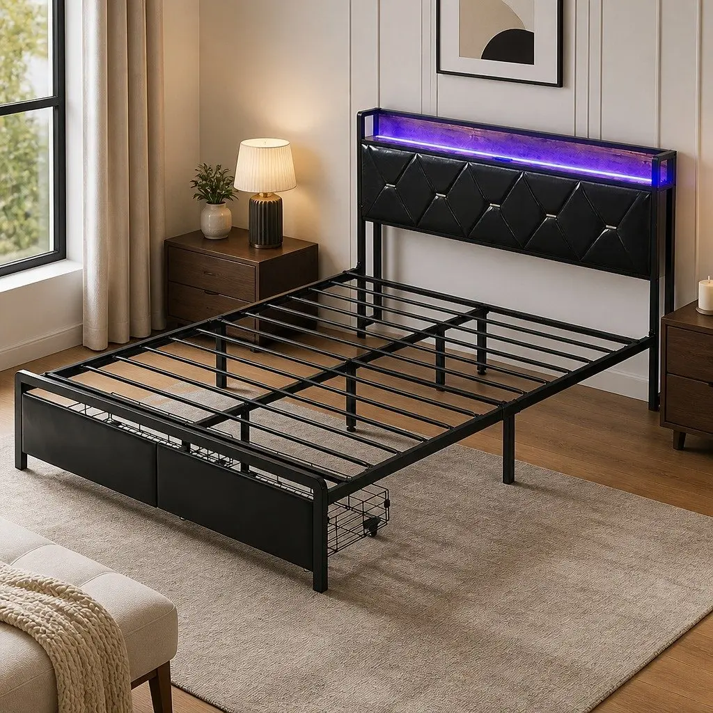 Double Bed Frame with LED Lights USB Charging Headboard and Storage Drawers 210cm x 139.5cm x 105.5cm Black Metal