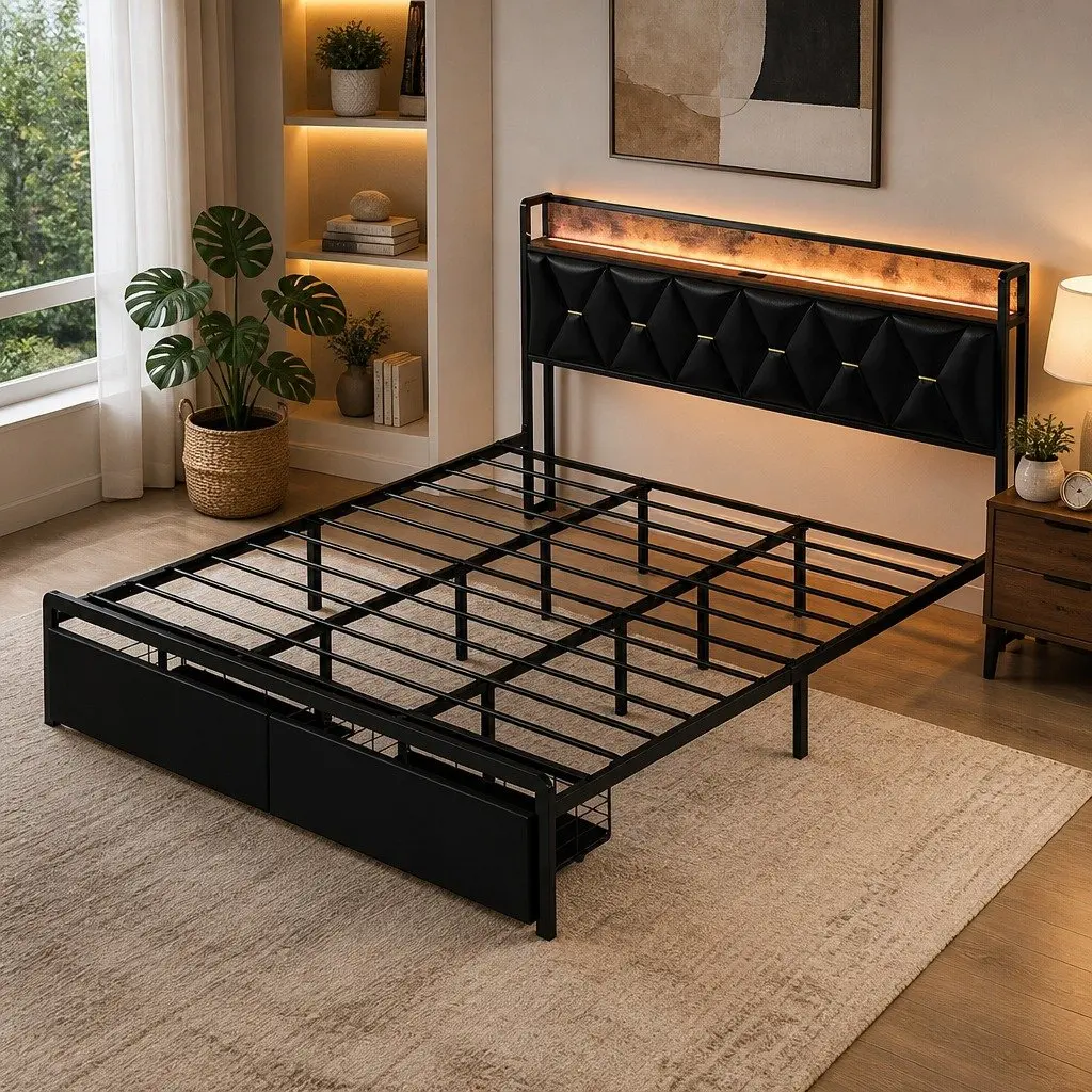 King Bed Frame with LED Headboard USB Charging Storage Drawers Metal Base