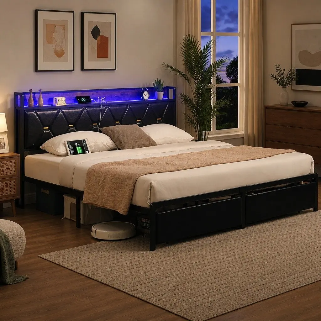 King Bed Frame with LED Headboard USB Charging Storage Drawers Metal Base