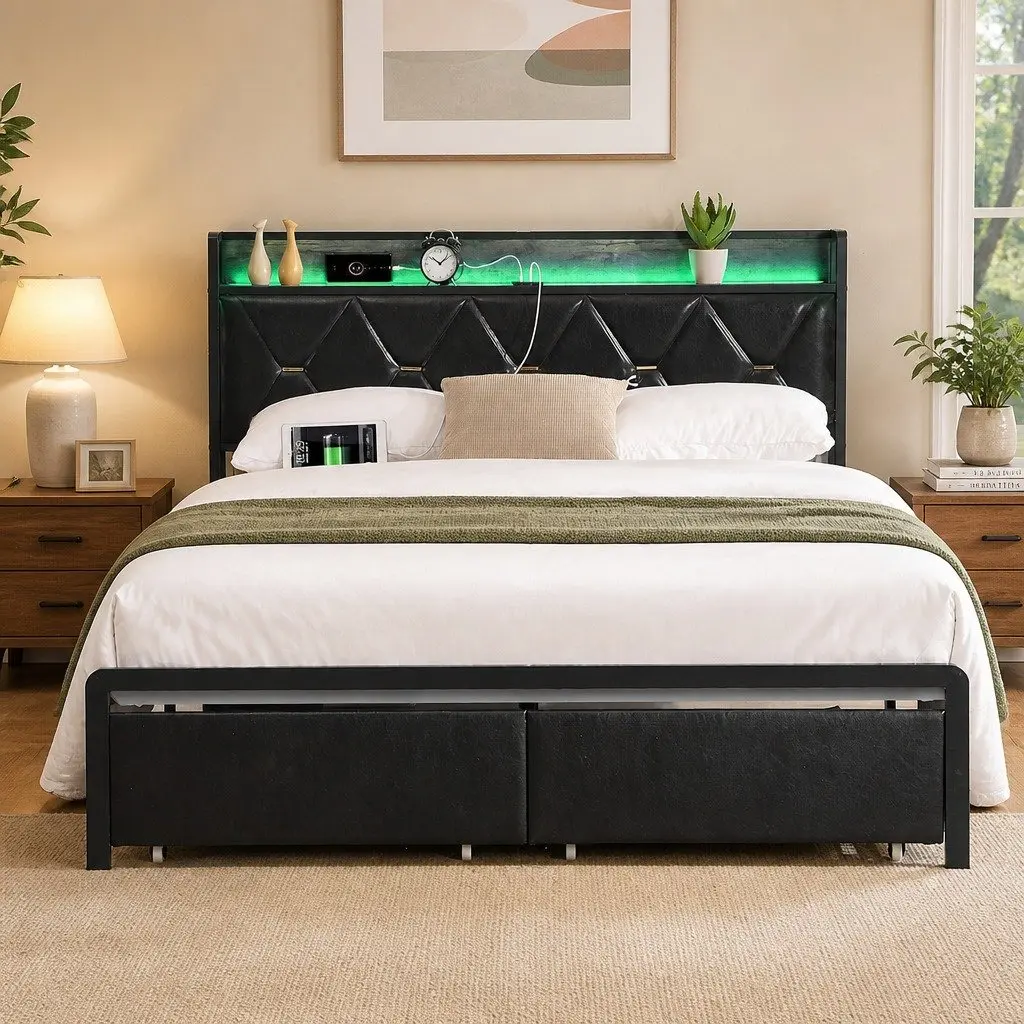 King Bed Frame with LED Headboard USB Charging Storage Drawers Metal Base