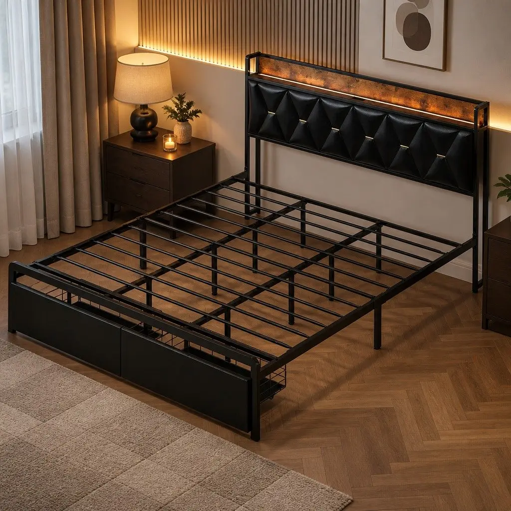King Bed Frame with LED Headboard USB Charging Storage Drawers Metal Base