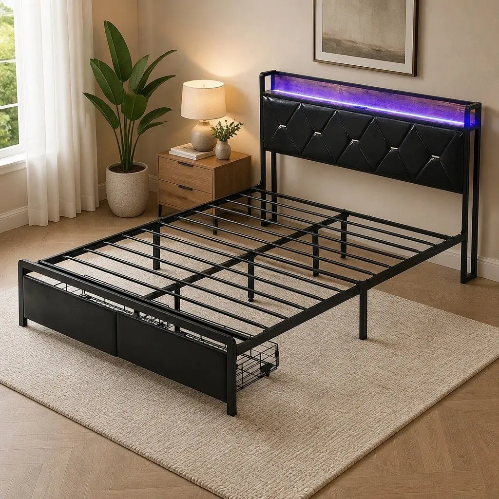 Queen Metal Bed Frame with RGB LED Lights Storage Headboard USB Charging
