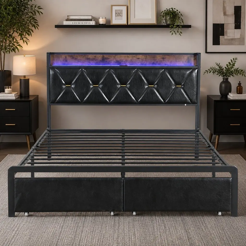 Queen Metal Bed Frame with RGB LED Lights Storage Headboard USB Charging