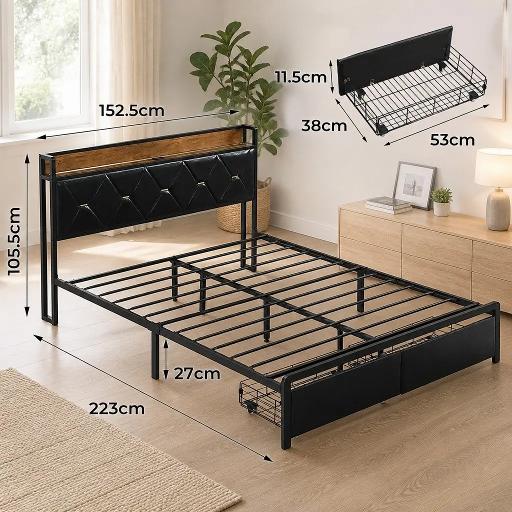 Queen Metal Bed Frame with RGB LED Lights Storage Headboard USB Charging