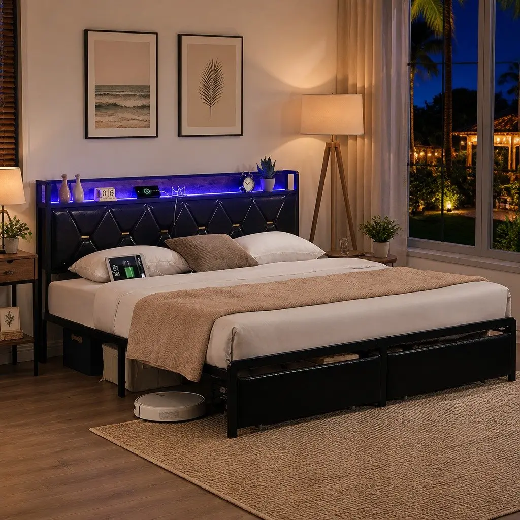 Queen Metal Bed Frame with RGB LED Lights Storage Headboard USB Charging
