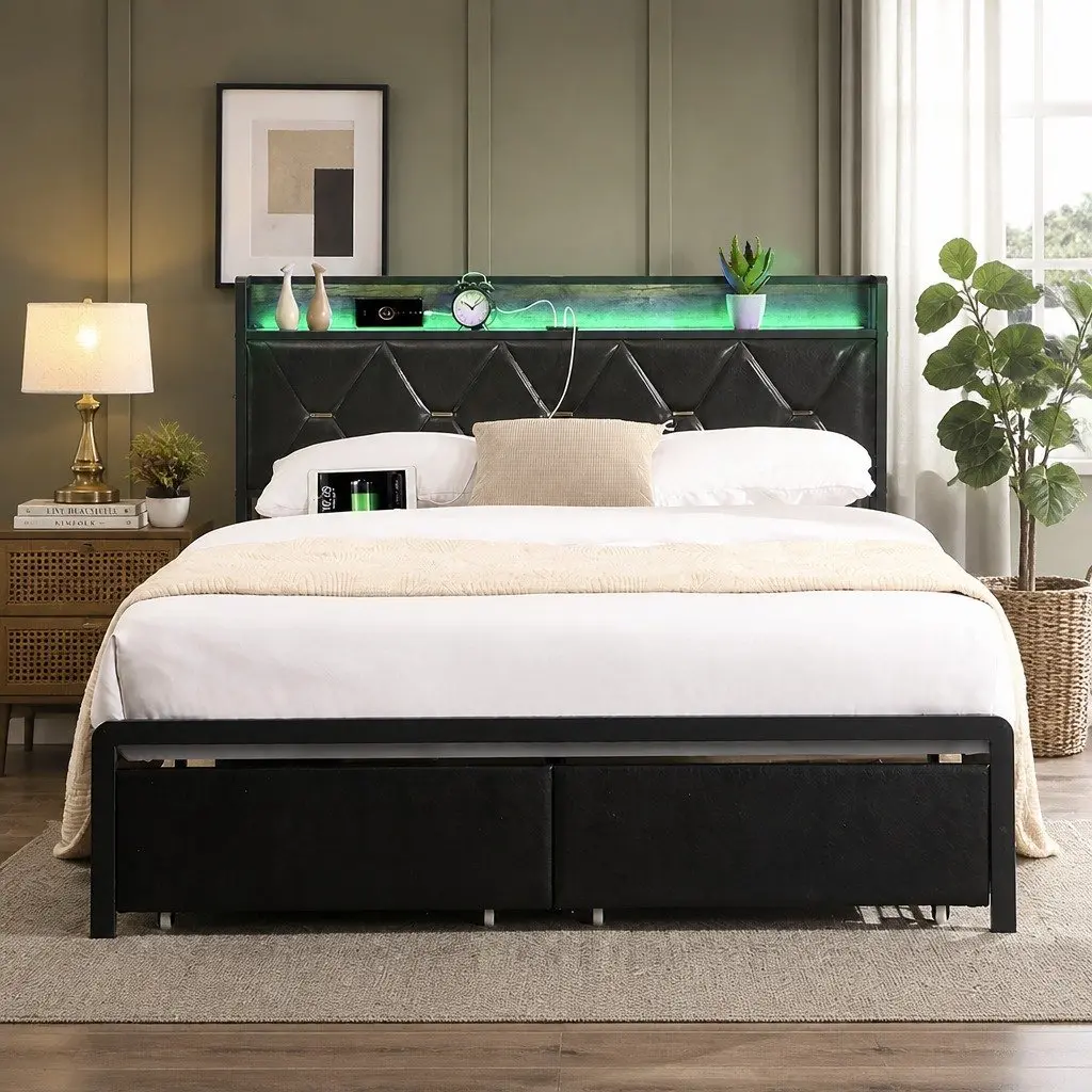 Queen Metal Bed Frame with RGB LED Lights Storage Headboard USB Charging