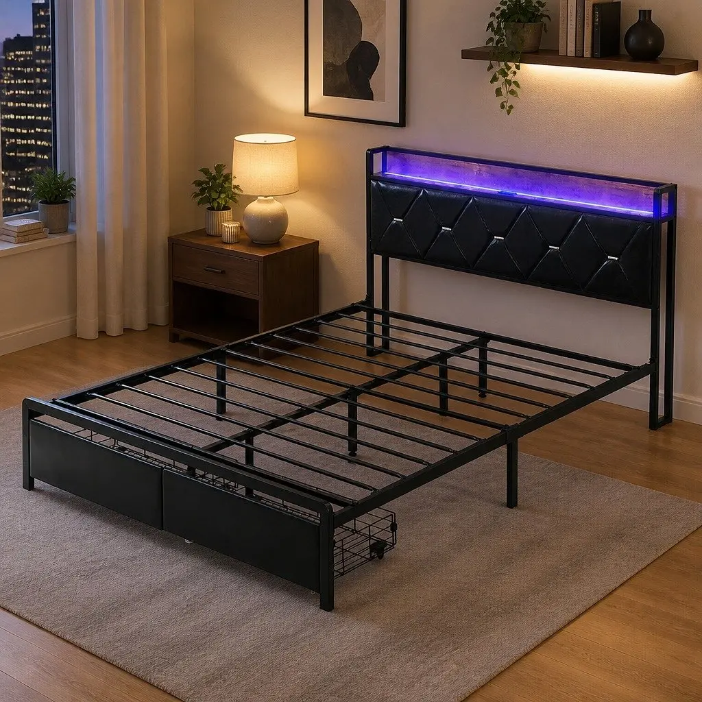 Queen Metal Bed Frame with RGB LED Lights Storage Headboard USB Charging