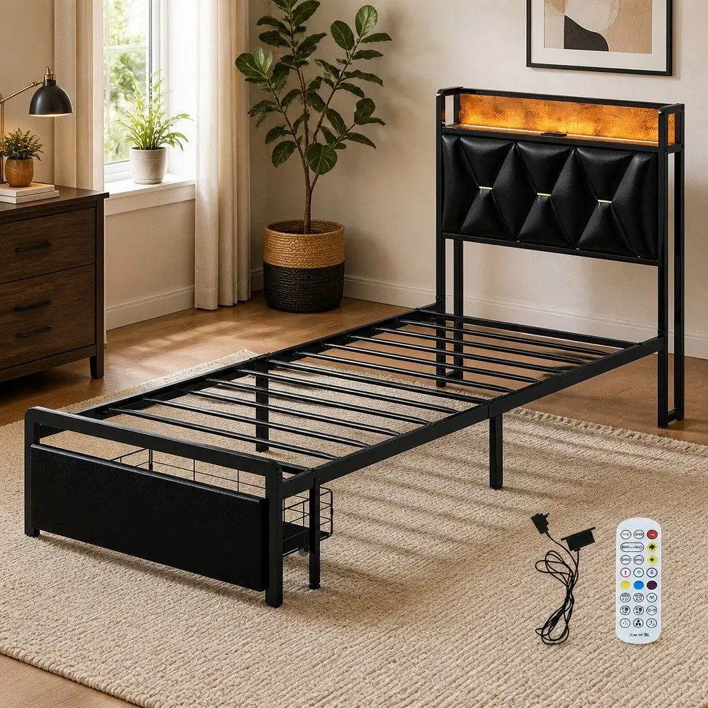 Single Bed Frame with LED Headboard and Storage Drawers Metal Slatted Base 208cm x 91cm x 105.5cm